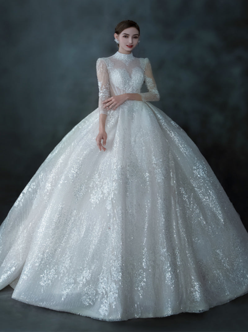 Sparkling Ball Gown Wedding Dresses High Neck Beads Sequins Long Sleeves Backless Court Train Tulle Bridal Gowns Custom Made