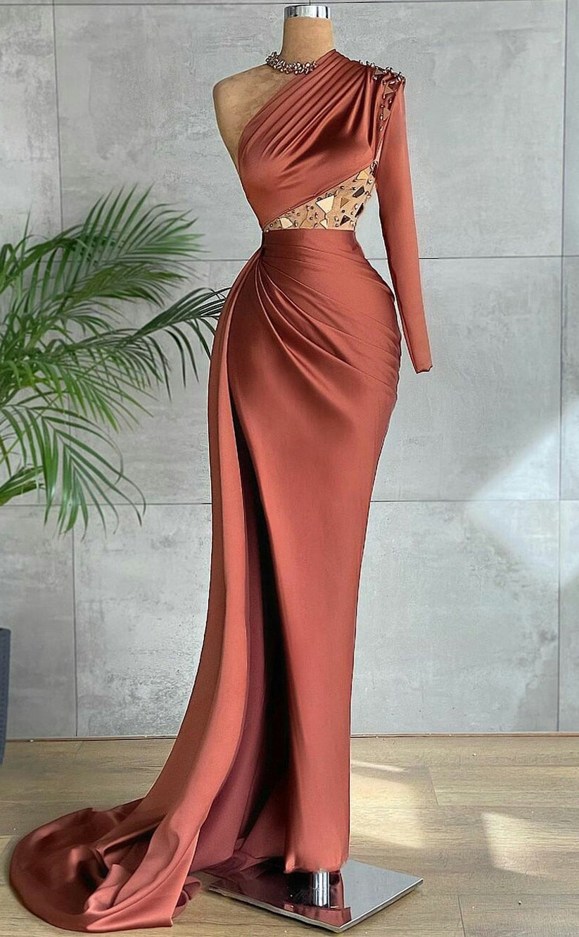 RP524-Luxury Brwon Mermaid One Shoulder Ruched Bead Mirrors Long Sleeves Prom Evening Dresses Formal Party Gowns With Slit