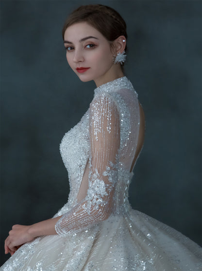 Sparkling Ball Gown Wedding Dresses High Neck Beads Sequins Long Sleeves Backless Court Train Tulle Bridal Gowns Custom Made