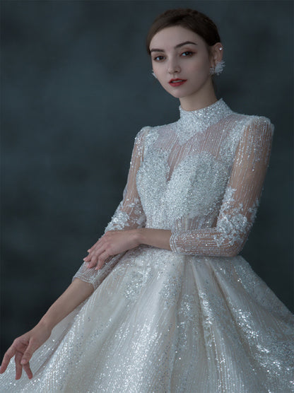 Sparkling Ball Gown Wedding Dresses High Neck Beads Sequins Long Sleeves Backless Court Train Tulle Bridal Gowns Custom Made