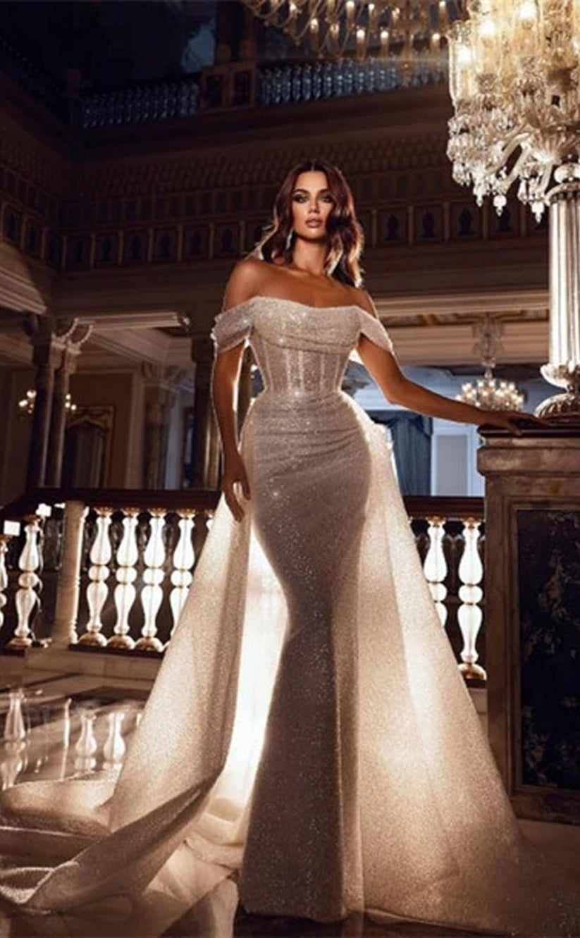 RP319-Luxury Ivory Mermaid Off-the-Shoulder Cap Sleeves Sequins Prom Evening Dresses Formal Party Gowns With Train