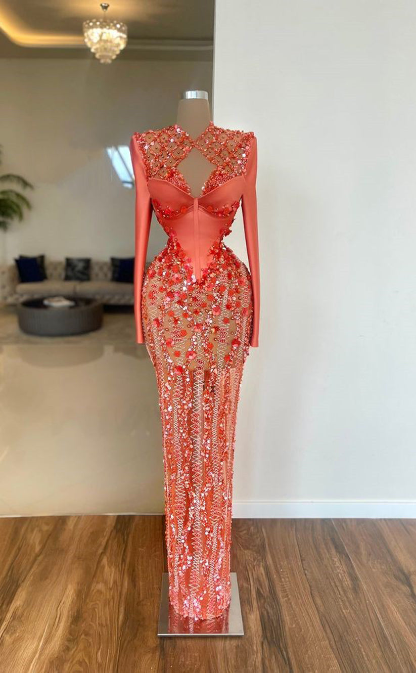 RP525-Luxurious Mermaid High Neck Sequins Beads Flowers Long Sleeves Floor Length Prom Evening Dresses Formal Party Gowns