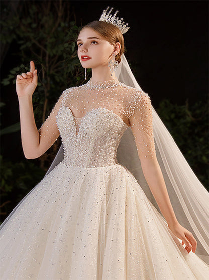 Luxurious Ball Gown Wedding Dresses High Collar Beads Sequins Illusion Half Sleeves Tulle Court Train Bridal Gowns Custom Made