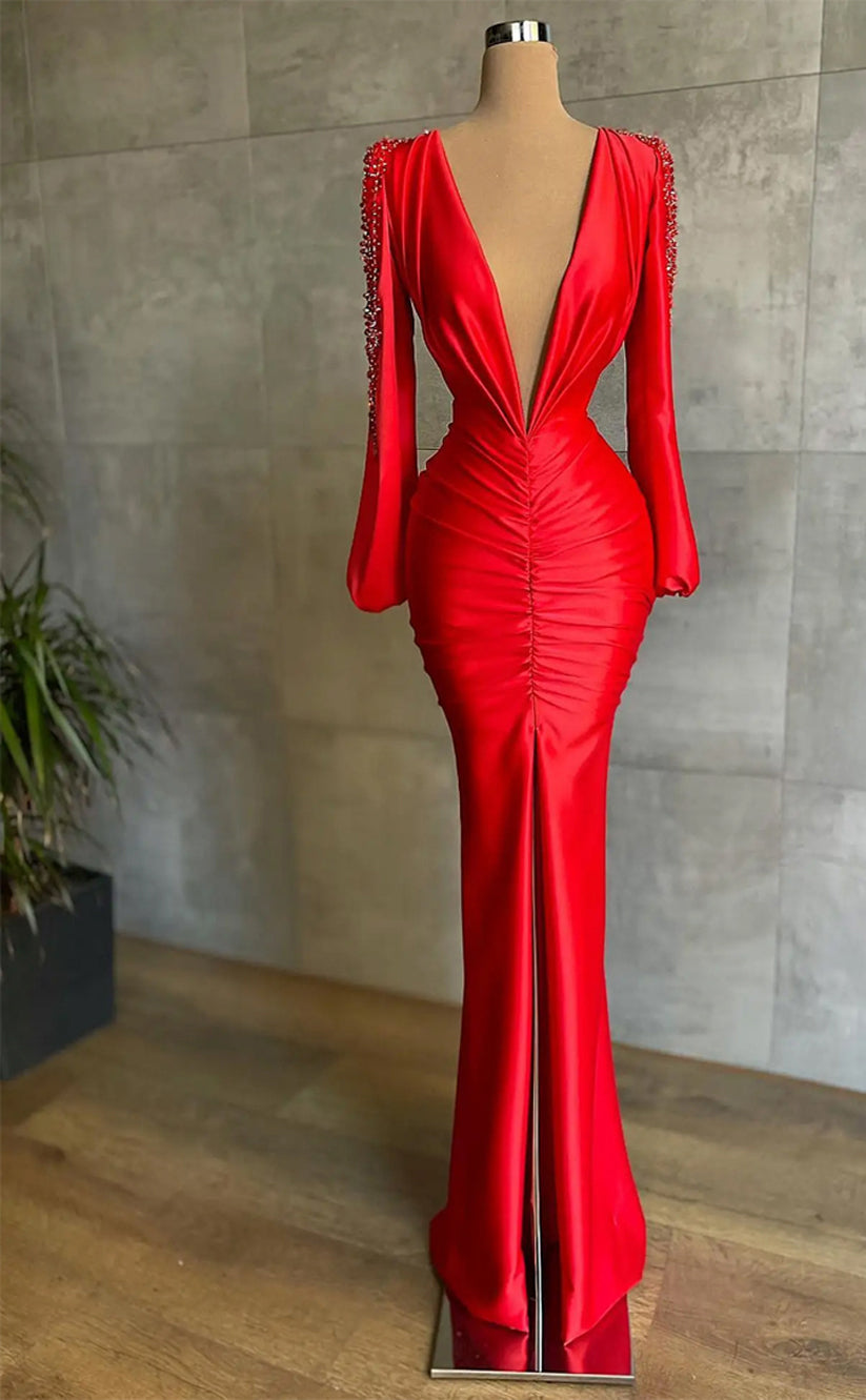 RP317-Elegant Red Mermaid V-Neck Beads Pleated Long Sleeves Prom Evening Dresses Formal Party Gowns With Slit