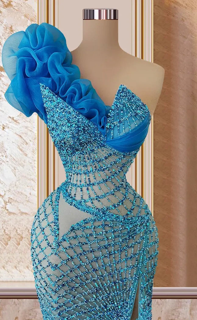 RP526-Luxurious Blue Mermaid One Shoulder Sequins Beads Flowers Sleeveless Prom Evening Dresses Formal Party Gowns With Slit