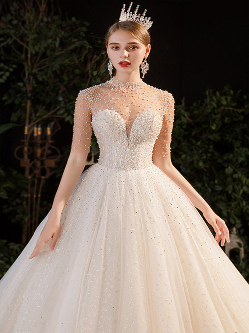 Luxurious Ball Gown Wedding Dresses High Collar Beads Sequins Illusion Half Sleeves Tulle Court Train Bridal Gowns Custom Made