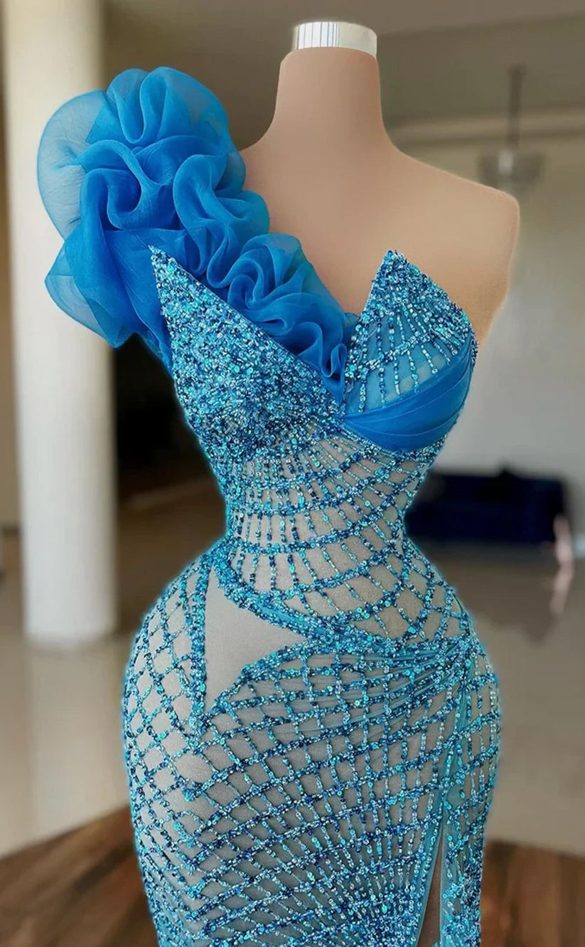 RP526-Luxurious Blue Mermaid One Shoulder Sequins Beads Flowers Sleeveless Prom Evening Dresses Formal Party Gowns With Slit