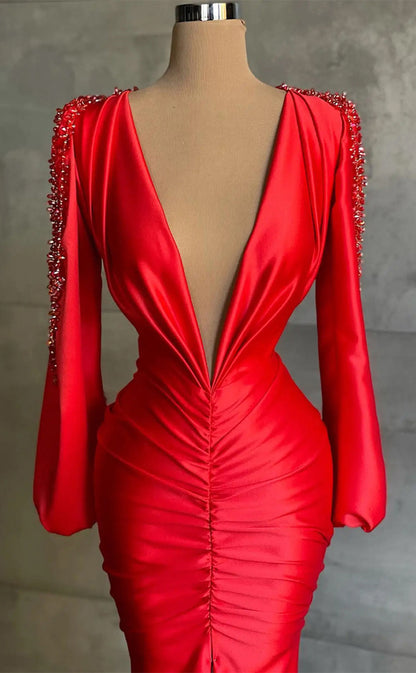 RP317-Elegant Red Mermaid V-Neck Beads Pleated Long Sleeves Prom Evening Dresses Formal Party Gowns With Slit