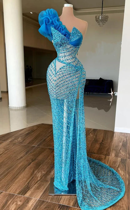 RP526-Luxurious Blue Mermaid One Shoulder Sequins Beads Flowers Sleeveless Prom Evening Dresses Formal Party Gowns With Slit