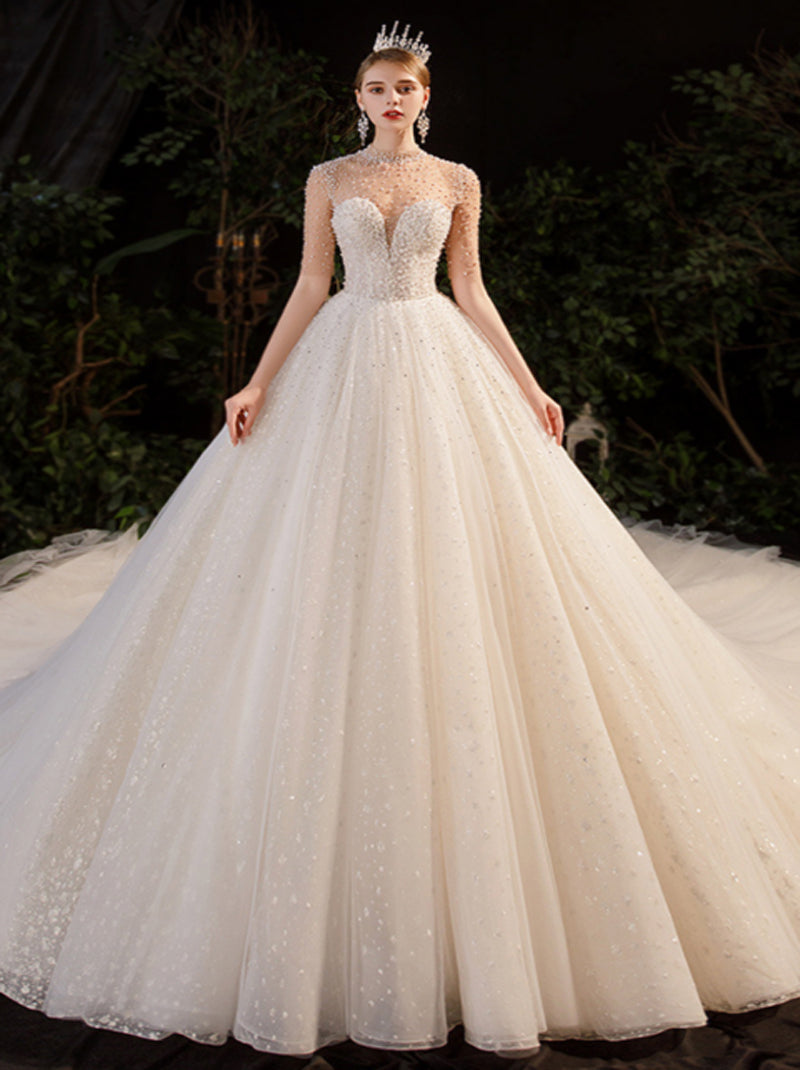 Luxurious Ball Gown Wedding Dresses High Collar Beads Sequins Illusion Half Sleeves Tulle Court Train Bridal Gowns Custom Made