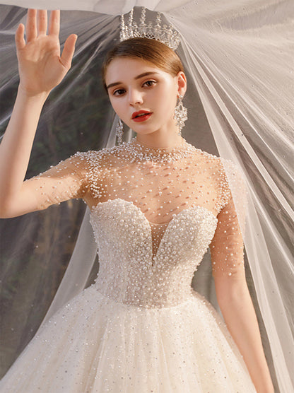 Luxurious Ball Gown Wedding Dresses High Collar Beads Sequins Illusion Half Sleeves Tulle Court Train Bridal Gowns Custom Made