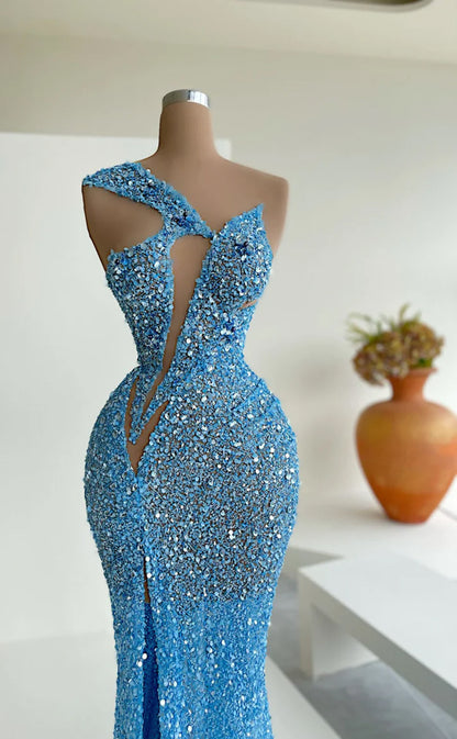 RP527-Luxurious Blue Mermaid One Shoulder Sequins Beads Sleeveless Prom Evening Dresses Formal Party Gowns With Slit