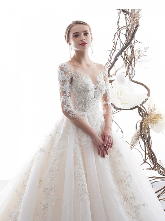 Luxurious Ball Gown Wedding Dresses Jewel Collar Appliques Beads Covered Buttons 3/4 Long Sleeves Tulle Court Train Bridal Gowns