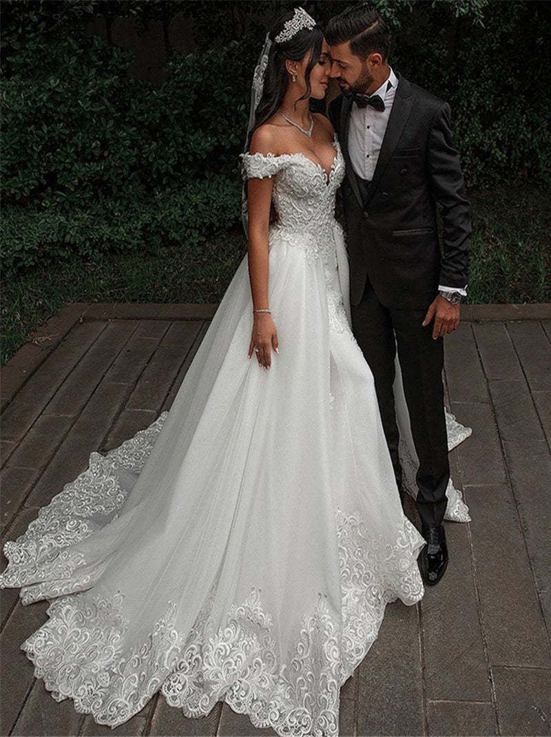 Luxury A-Line Wedding Dresses Sweetheart Appliques Beads Lace Up Sweep Train Tulle Bridal Gowns