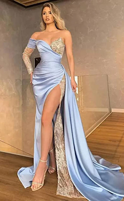 RP032-Elegant Mermaid Sweetheart One Long Sleeve Beads Appliques Lace Up Satin Long Formal Prom Evening Dresses Party Gowns With Slit