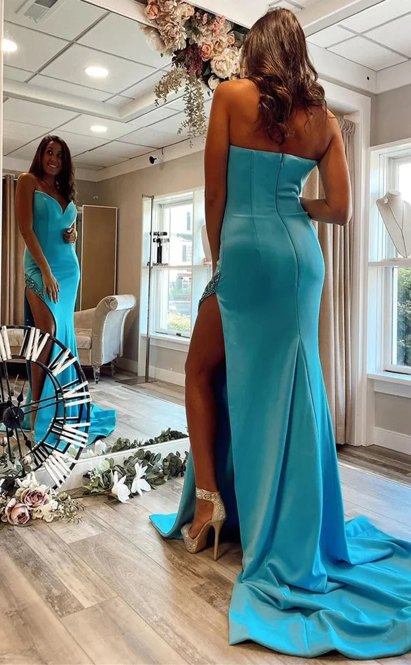 RP055-Elegant Sky Blue Mermaid Sweetheart Beads Side Split Zipper Long Satin Prom Evening Dresses Party Gowns