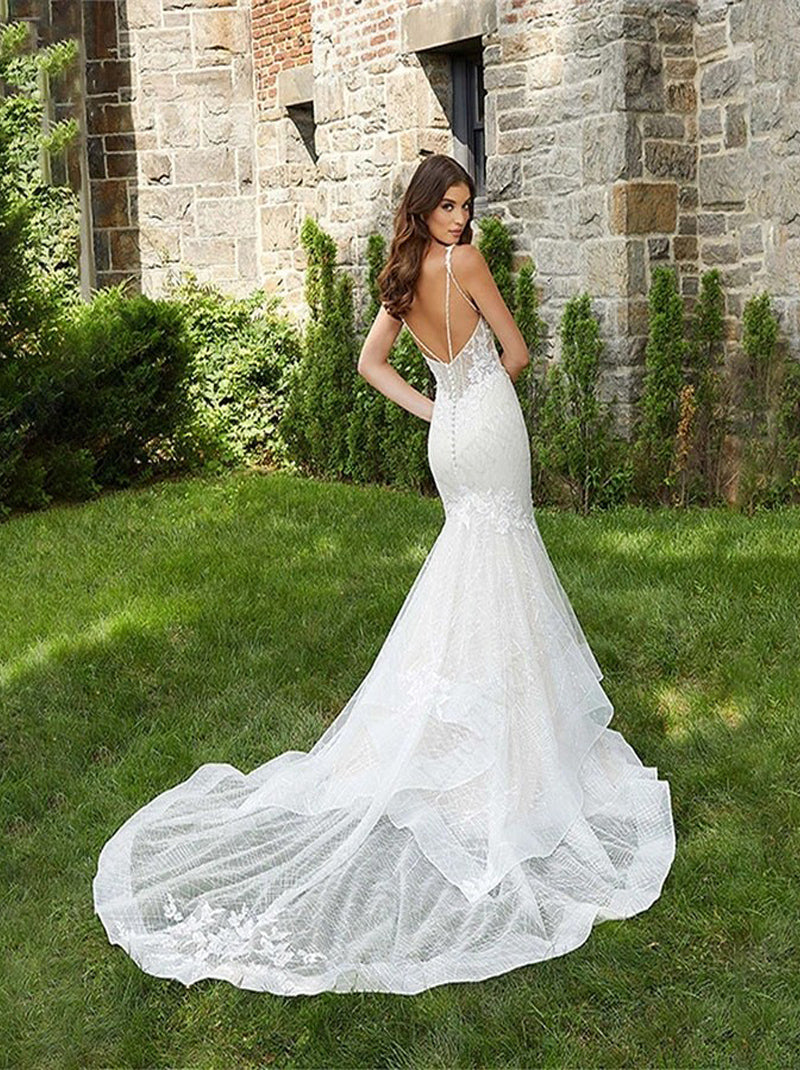 Luxury Mermaid Wedding Dress Women Tiered Backless Lace Appliques Bridal Gown V-Neck Spaghetti Strap