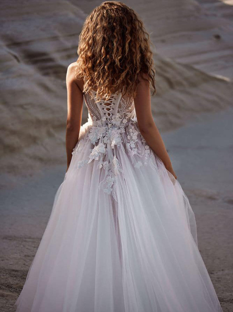 Illusion & Modern A-LIne Wedding Dresses Spaghetti Sheer Applique Beach Boho Tulle Bridal Gowns With Side Slit