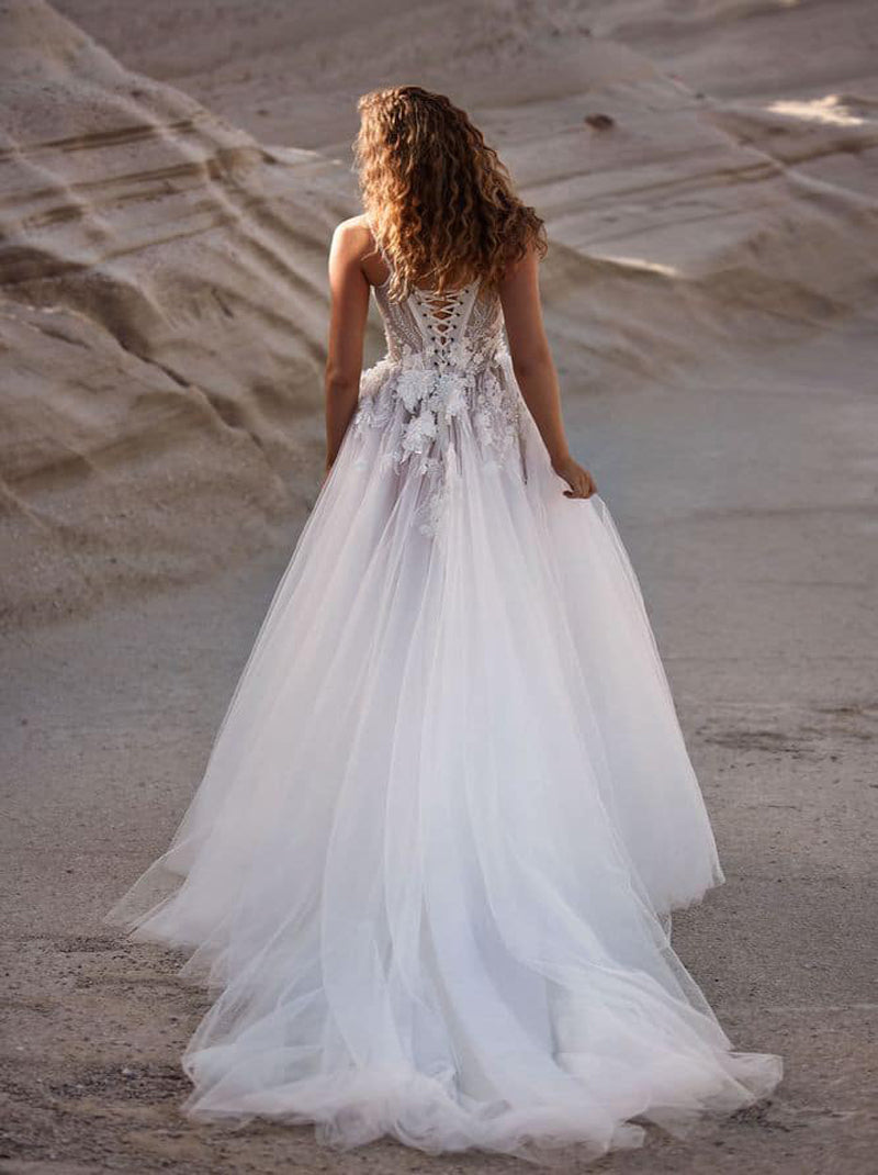 Illusion & Modern A-LIne Wedding Dresses Spaghetti Sheer Applique Beach Boho Tulle Bridal Gowns With Side Slit