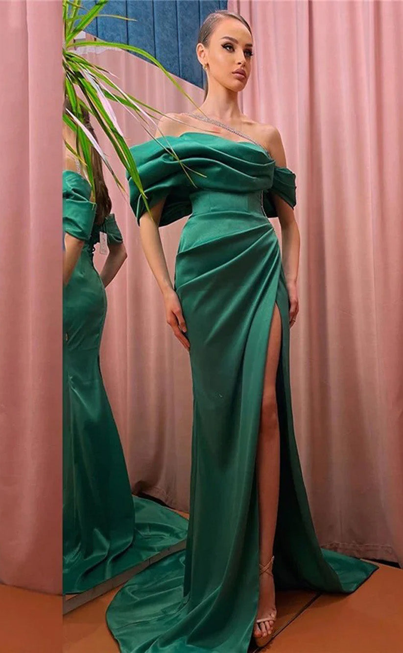 RP107-Elegant Green Sheath Off the Shoulder Lace up Side Slit Pleated Satin Long Prom Dresses Fashion Party Evening Gowns