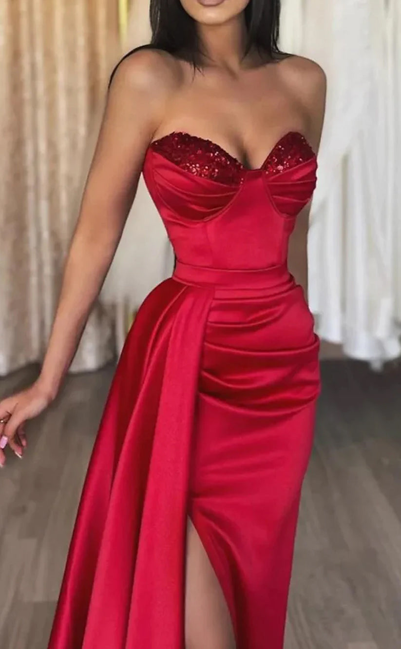 RP093-Red Sexy Mermaid Sweetheart Sleeveless Beads Pleated High Side Slit Long Satin Evening Dresses Party Prom Gowns Custom