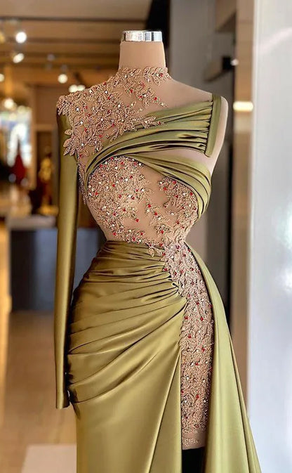 RP212-Modern Sheath/Column High Neck Beads Appliqued Long Prom Evening Dresses Formal Party Gowns With Slit