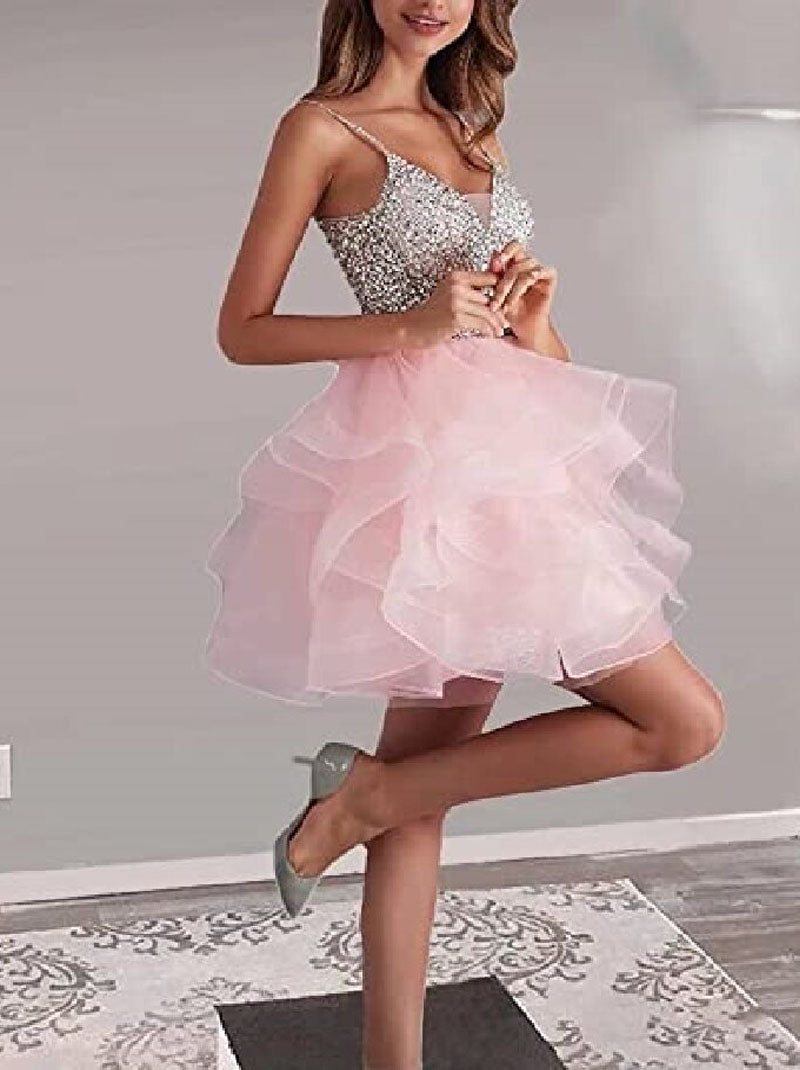 Cute Sparkling Mini A-Line Spaghetti Beaded Crystals Ruffles Backless Organza Homecoming Graduation Dresses Cocktail Party Gowns for Girls Custom