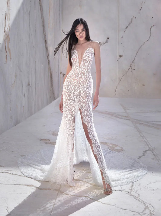 Sexy & Sparkling Mermaid Boho Wedding Dresses V-Neck Sleeveless Appliqued Sweep Train Bridal Gowns with slit
