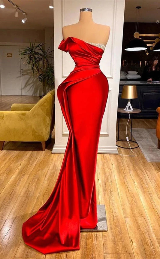RP316-Elegant Red Mermaid Strapless Beads Crystals Sleeveless Prom Evening Dresses Formal Party Gowns