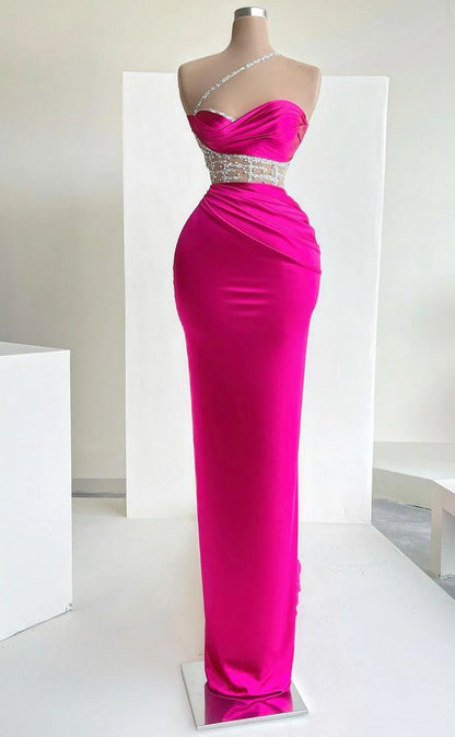 RP528-Luxurious Fuchsia Mermaid One Shoulder Ruched Sequins Beads Sleeveless Prom Evening Dresses Formal Party Gowns