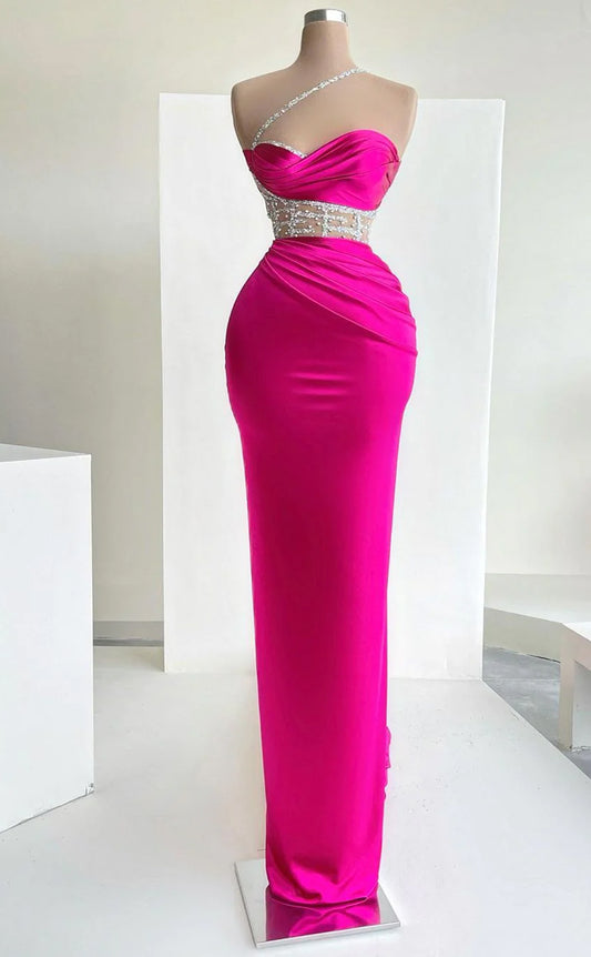 RP528-Luxurious Fuchsia Mermaid One Shoulder Ruched Sequins Beads Sleeveless Prom Evening Dresses Formal Party Gowns