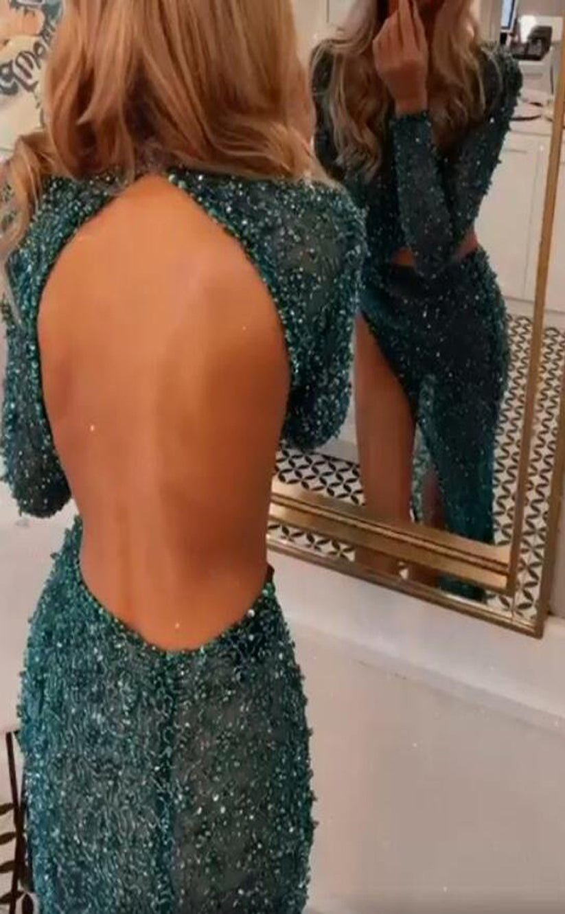 RP323-Sparkling Sheath/Column High Neck Beads Sequins Long Sleeves Prom Evening Dresses Formal Party Gowns With Side Slit