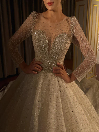 Sparkling Ball Gown Wedding Dresses Scoop Beads Crystals Sequins Illusion Long Sleeves Lace Up Tulle Court Train Bridal Gowns Custom Made