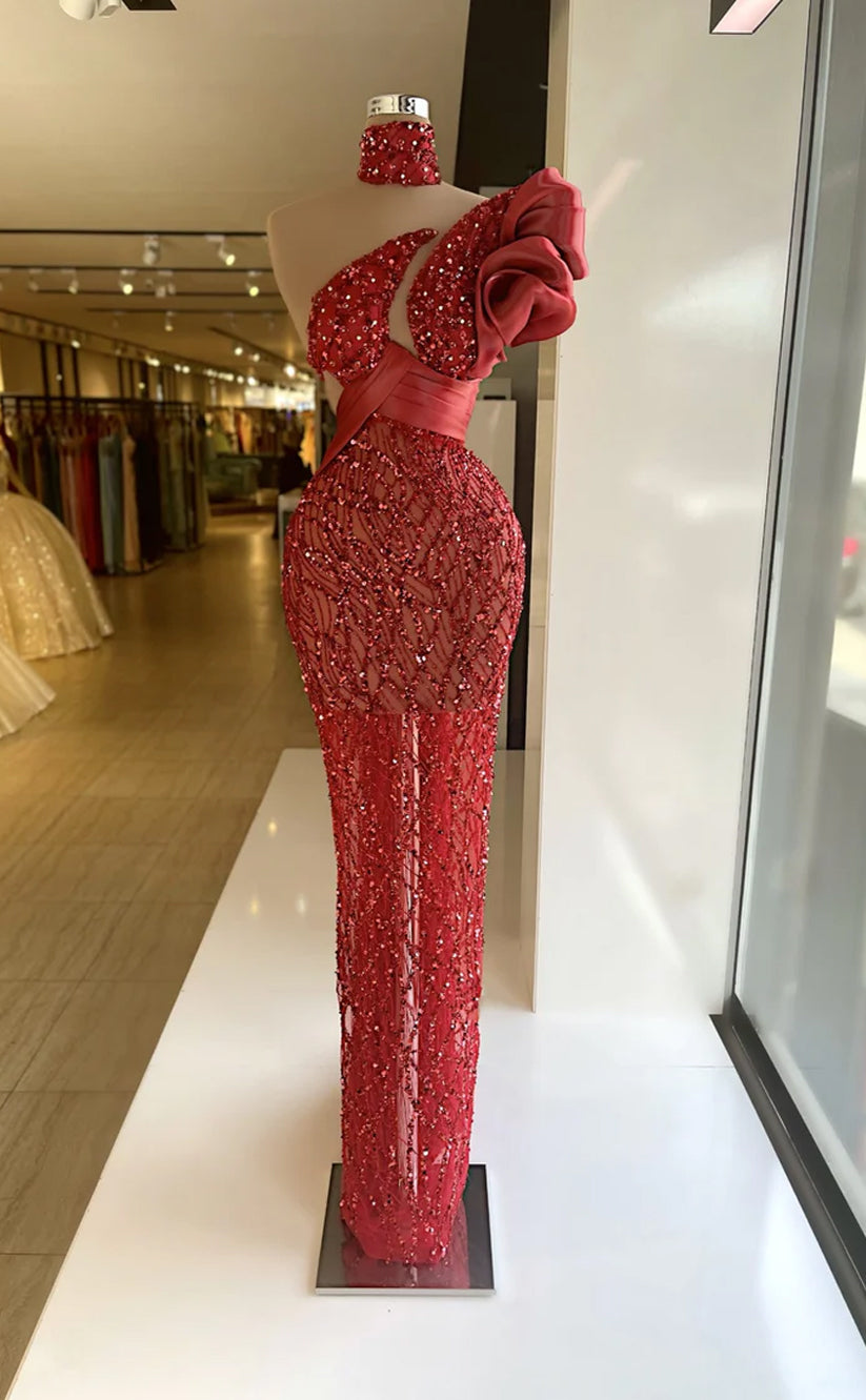 RP529-Luxurious Red Mermaid High Neck Sequins Beaded Sleeveless Floor Length Prom Evening Dresses Formal Party Gowns