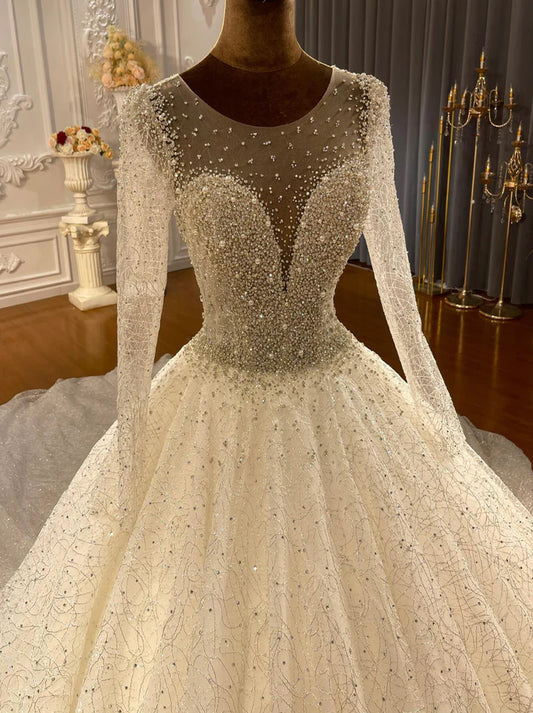 Sparkling Ball Gown Wedding Dresses Scoop Beads Crystals Sequins Illusion Long Sleeves Lace Up Tulle Court Train Bridal Gowns Custom Made