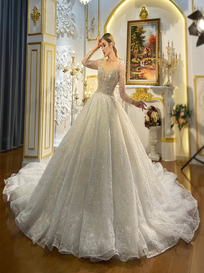 Sparkling Ball Gown Wedding Dresses Scoop Beads Crystals Sequins Illusion Long Sleeves Lace Up Tulle Court Train Bridal Gowns Custom Made