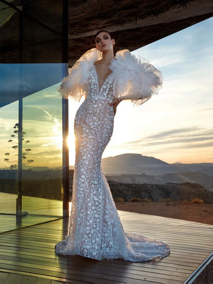 Sparkling Mermaid Wedding Dresses V-Neck Sequins Tulle Sweep Train Long Sleeves Bridal Gowns With Detachable Jacket