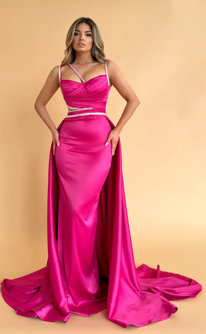 RP531-Charming Fuchsia Mermaid Spaghetti Ruched Beads Sleeveless Sweep Train Prom Evening Dresses Formal Party Gowns