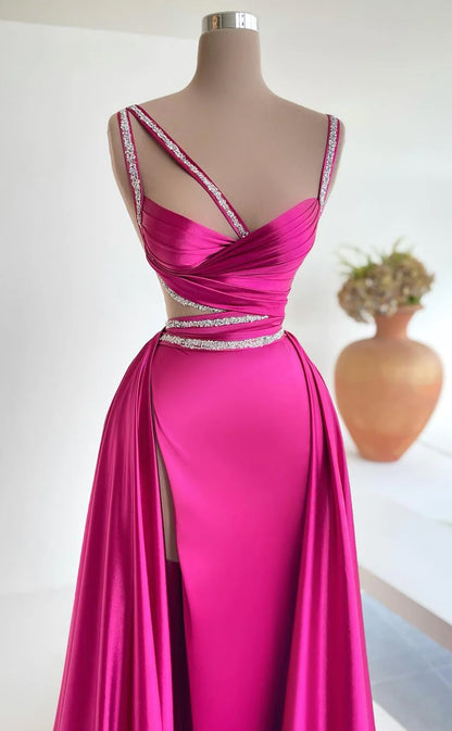 RP531-Charming Fuchsia Mermaid Spaghetti Ruched Beads Sleeveless Sweep Train Prom Evening Dresses Formal Party Gowns