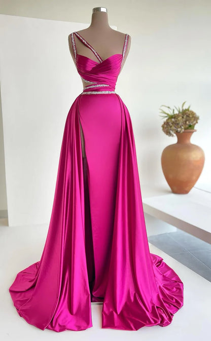 RP531-Charming Fuchsia Mermaid Spaghetti Ruched Beads Sleeveless Sweep Train Prom Evening Dresses Formal Party Gowns