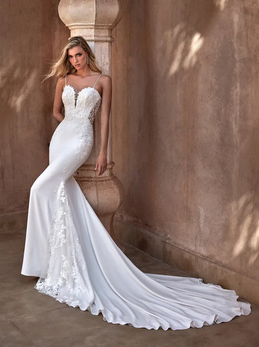 Simple & Elegant Mermaid Wedding Dresses Spaghetti Appliqued Satin Court Train Bridal Gowns Custom Made