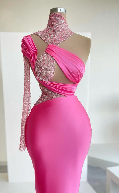 RP532-Charming Fuchsia Mermaid High Neck Beads Lace Long Sleeves Floor Length Prom Evening Dresses Formal Party Gowns