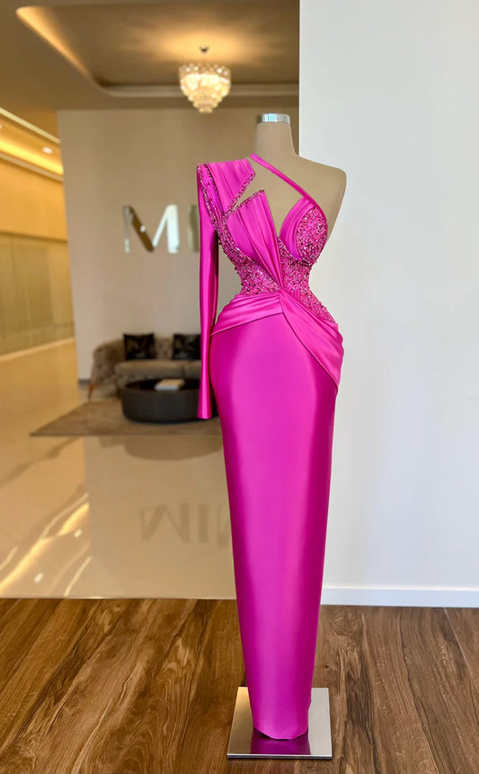 RP533-Gorgeous Fuchsia Mermaid One Shoulder Beads Sequins Long Sleeves Floor Length Prom Evening Dresses Formal Party Gowns