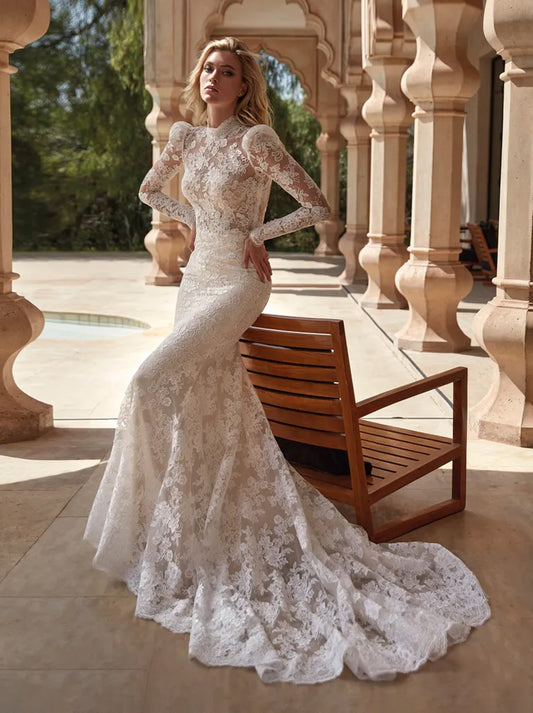 Gorgeous & Elegant Mermaid Wedding Dresses High Collar Appliqued Lace Sweep Train Long Sleeves Bridal Gowns Custom Made