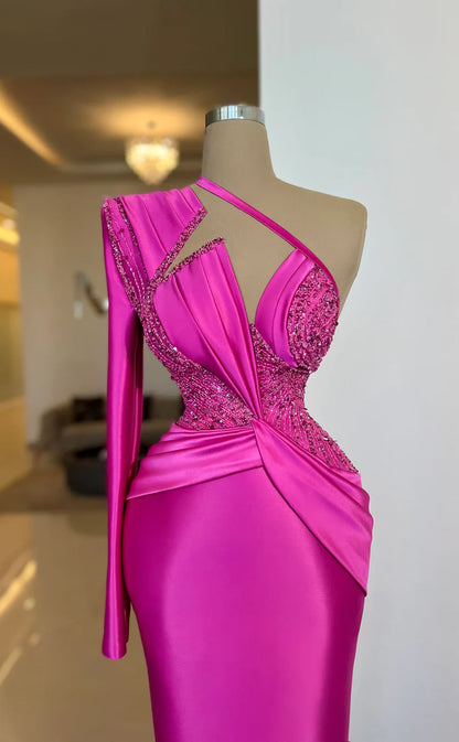 RP533-Gorgeous Fuchsia Mermaid One Shoulder Beads Sequins Long Sleeves Floor Length Prom Evening Dresses Formal Party Gowns