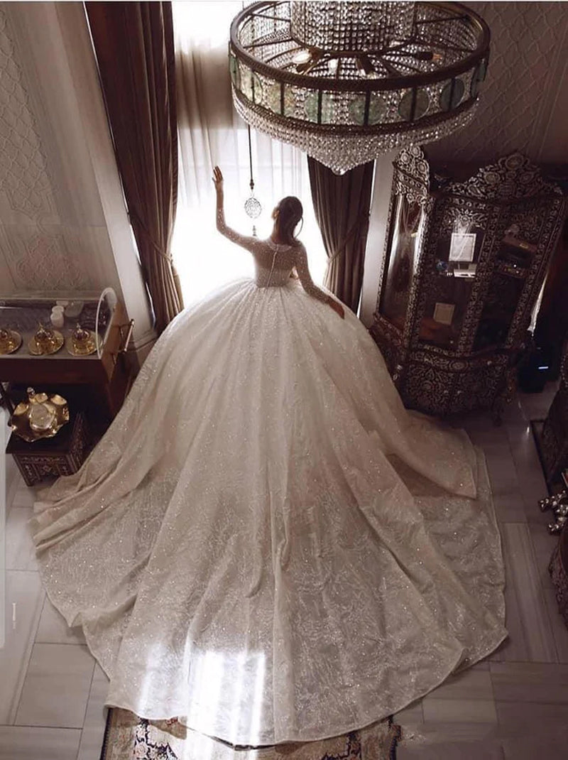 Sparkling Ball Gown Wedding Dresses High Collar Beads Crystals Sequins Illusion Long Sleeves Covered Buttons Court Train Tulle Bridal Gowns Custom Made