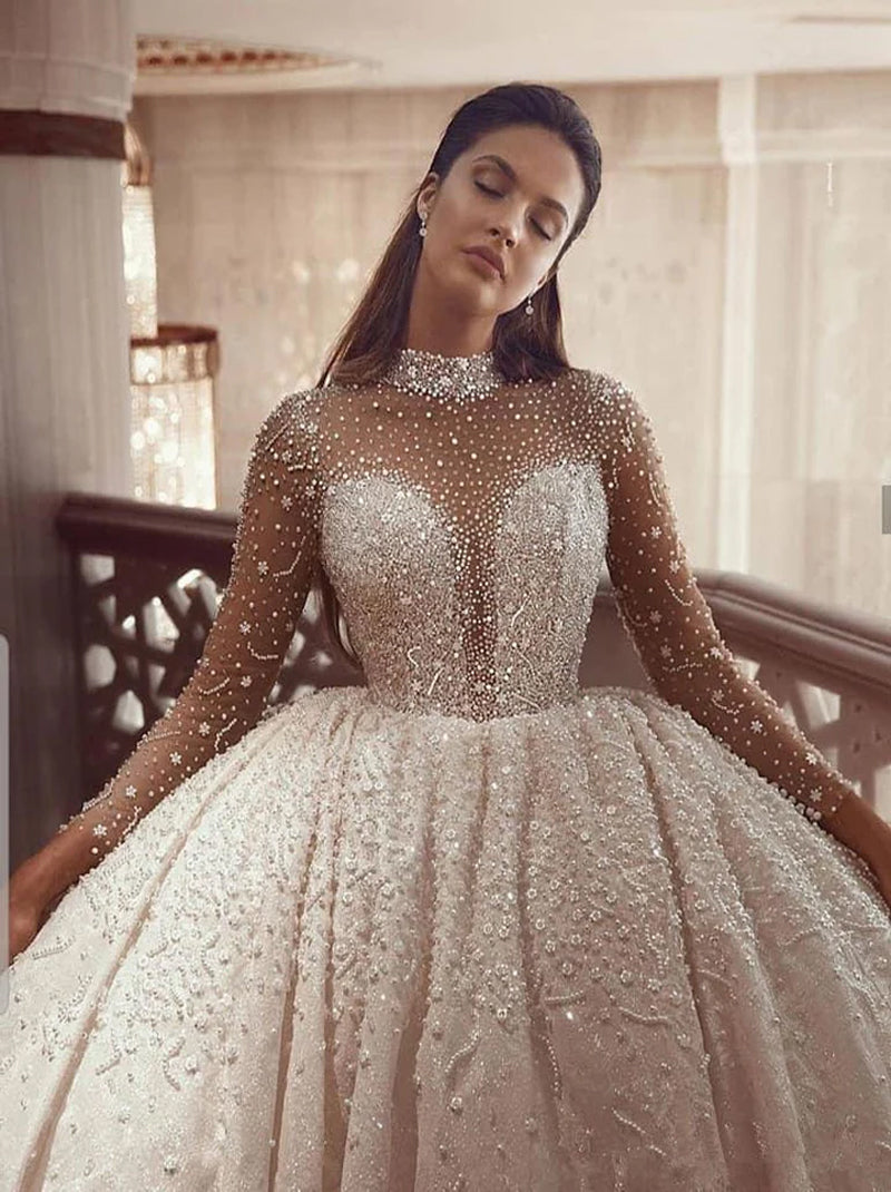 Sparkling Ball Gown Wedding Dresses High Collar Beads Crystals Sequins Illusion Long Sleeves Covered Buttons Court Train Tulle Bridal Gowns Custom Made