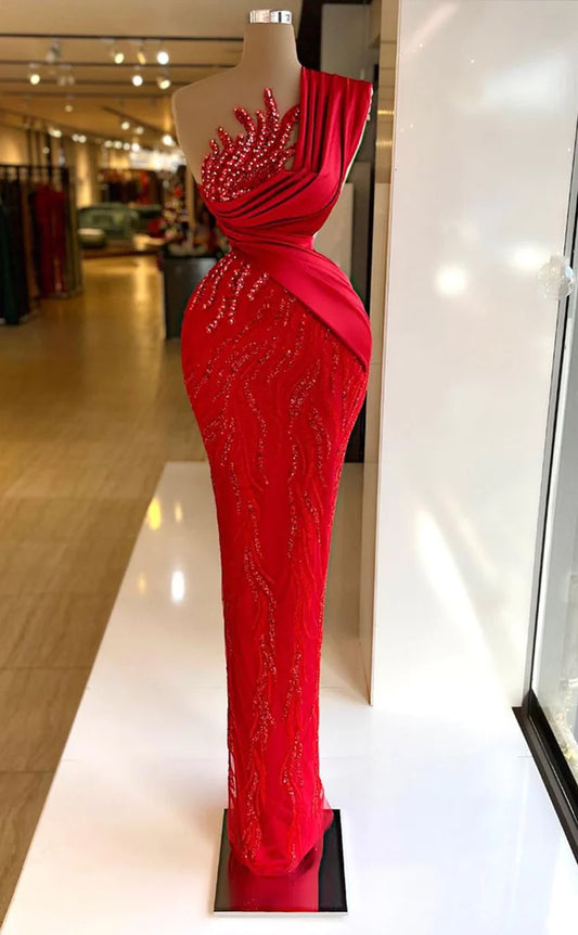 RP534-Gorgeous Red Mermaid One Shoulder Beads Sequins Ruched Long Sleeves Floor Length Prom Evening Dresses Formal Party Gowns