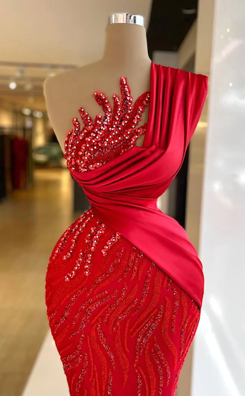 RP534-Gorgeous Red Mermaid One Shoulder Beads Sequins Ruched Long Sleeves Floor Length Prom Evening Dresses Formal Party Gowns