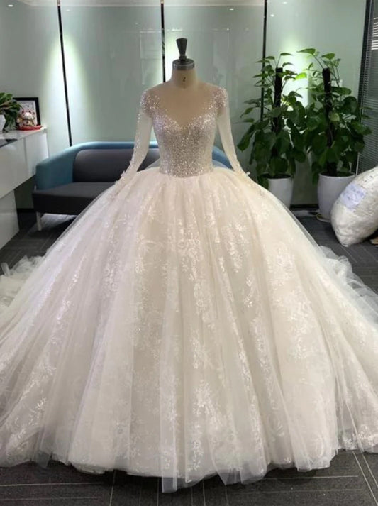 Sparkling Ball Gowns Wedding Dresses Scoop Beads Sequins Illusion Long Sleeves Covered Buttons Tulle Sweep Train Bridal Gowns Custom Made